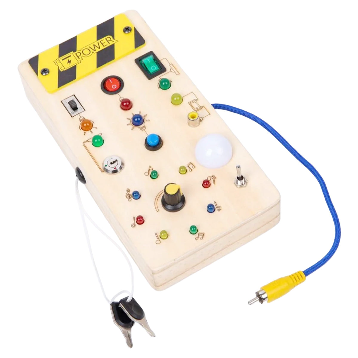 Jucarie Educativa Montessori, Busy Board cu Circuit Luminos si Lumini LED, Tableta Interactiva pentru Motricitate Fina, Lemn Natural, 36 Comutatoare, 19.5 x 9.7 x 3 cm