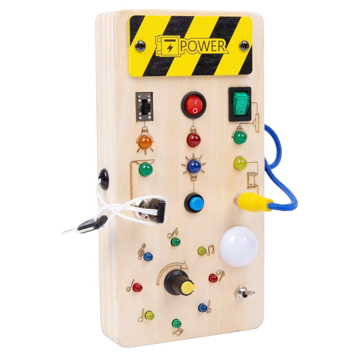 Jucarie Educativa Montessori, Busy Board cu Circuit Luminos si Lumini LED, Tableta Interactiva pentru Motricitate Fina, Lemn Natural, 36 Comutatoare, 19.5 x 9.7 x 3 cm