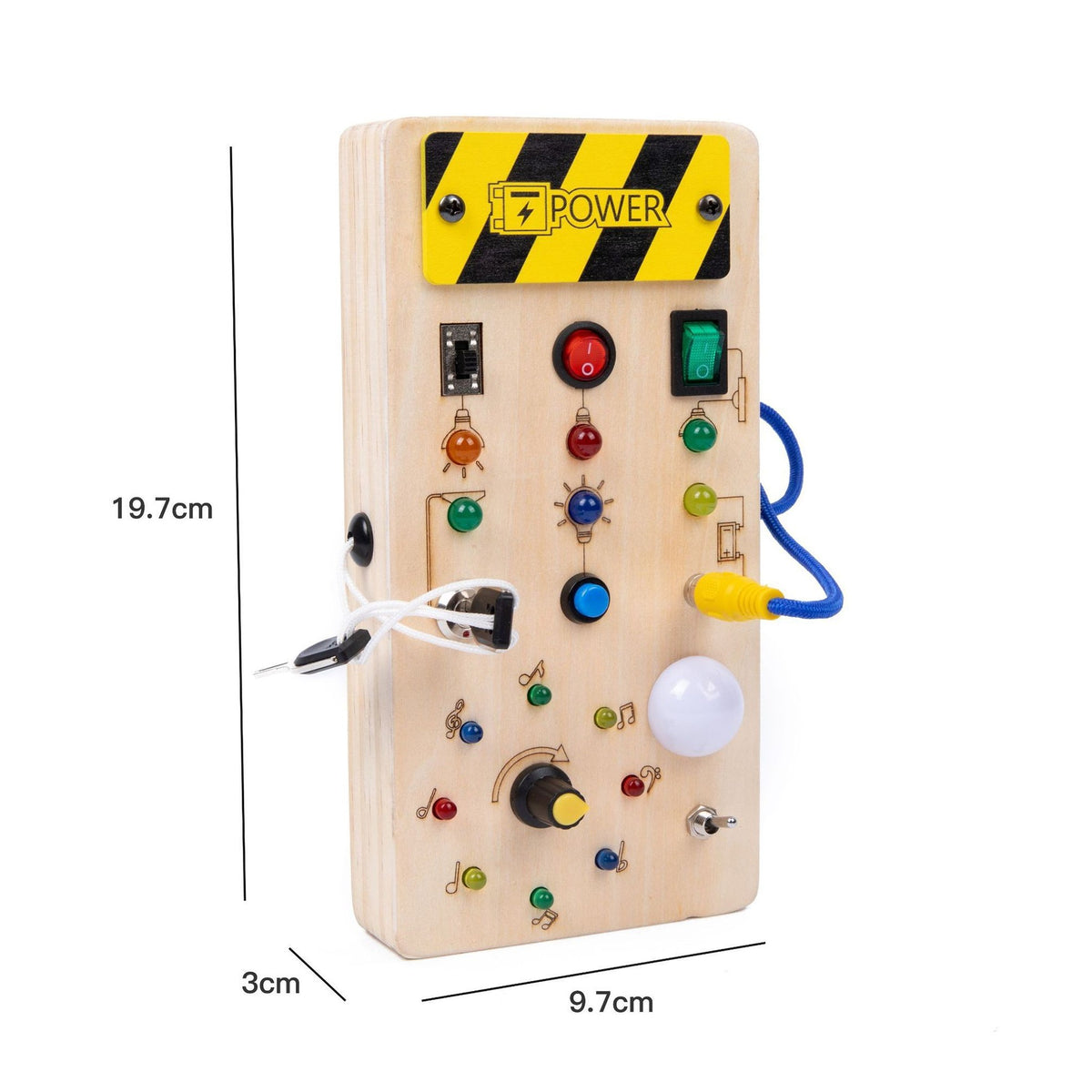 Jucarie Educativa Montessori, Busy Board cu Circuit Luminos si Lumini LED, Tableta Interactiva pentru Motricitate Fina, Lemn Natural, 36 Comutatoare, 19.5 x 9.7 x 3 cm