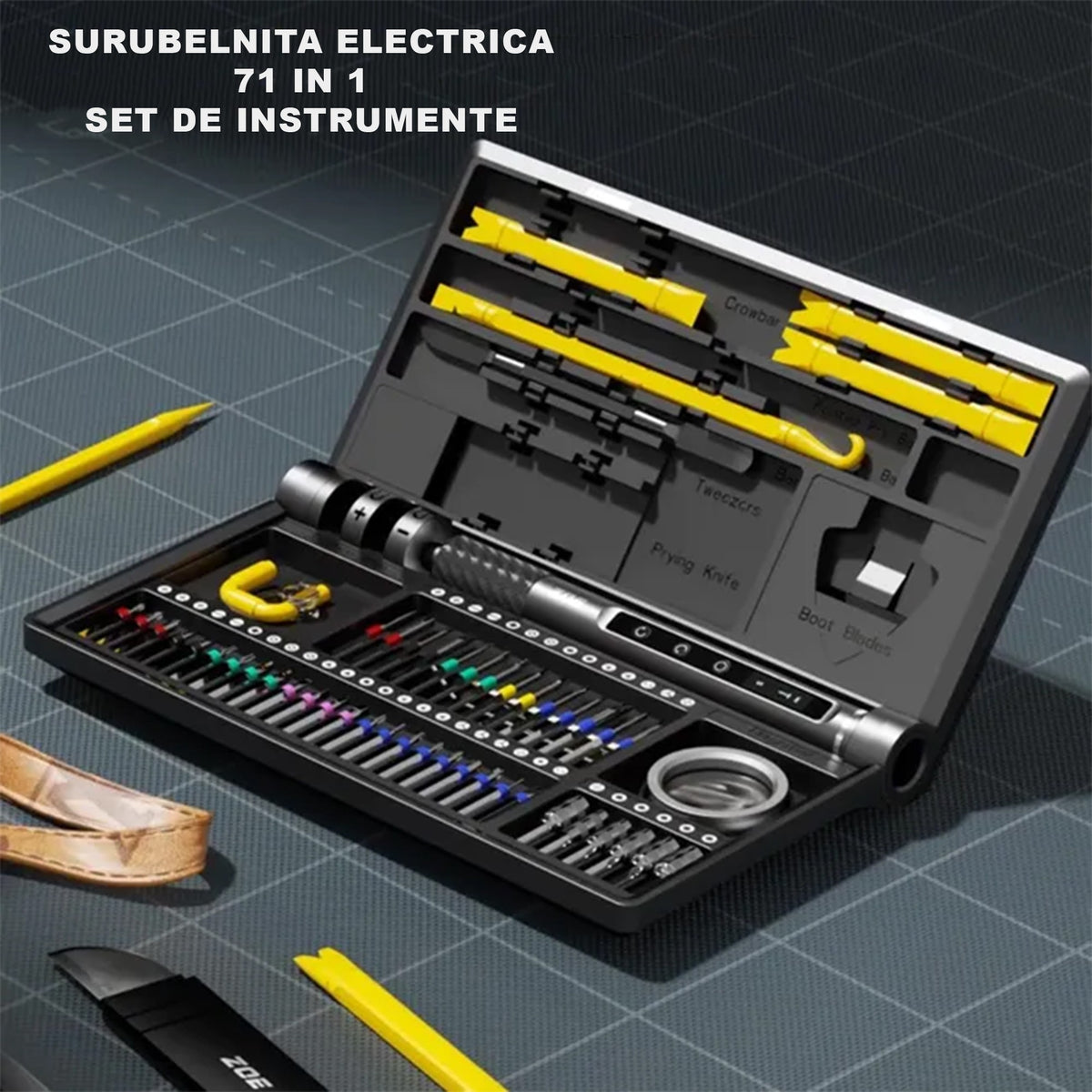 Surubelnita Electrica Profesionala, Set Kit 71 in 1 pentru Electronice, Reincarcabila USB, Lumina LED, Otel, 21.4 x 12.4 cm, Negru