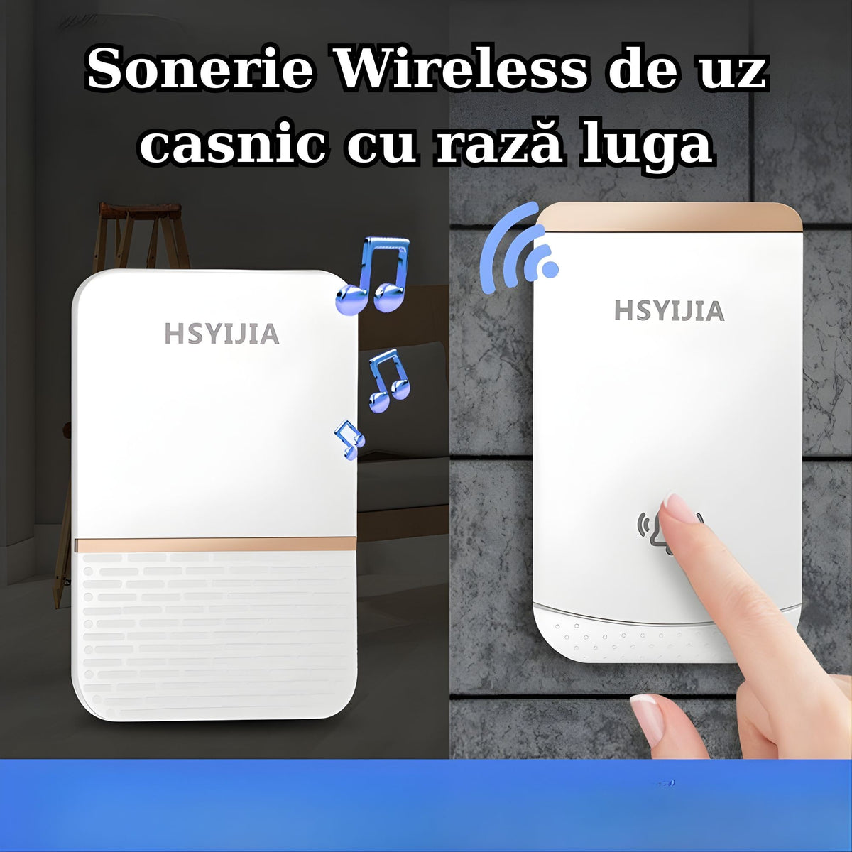Sonerie Wireless Fara Fir, Kit cu 2 Receptoare si 1 Transmitator, Raza 260 m, Protectie IP44, 38 Melodii, 4 Niveluri Volum, 85 dB, Alb/Auriu Lucios