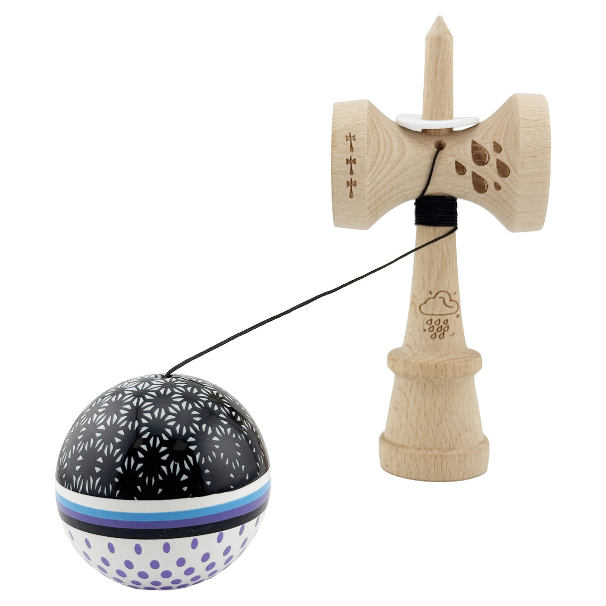 Kendama X Raindrops Originala, Model V3 Alb / Negru / Mov, Profesionala, Cupe Mari King Size, Super Sticky, Gaura in Baza, Rulment, Ata 62cm