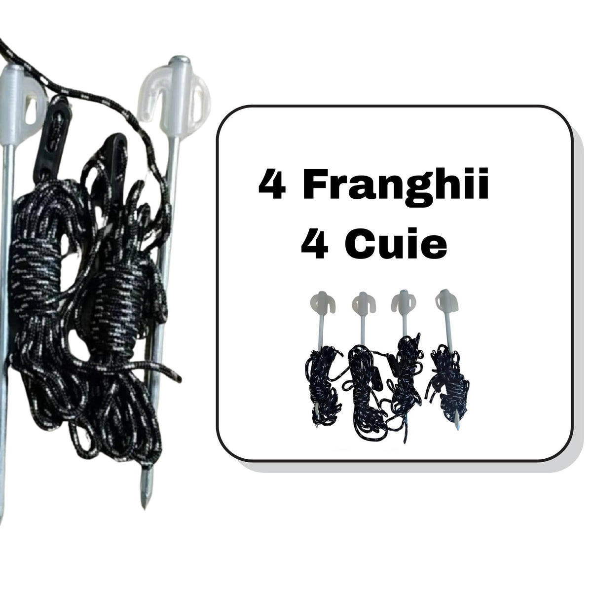 Set Ancorare Cort si Pavilion, Franghii Poliester Oxford 3 m si Cuie Metalice 20 cm, Accesorii Fixare Sol, 4 Bucati, Negru/Alb