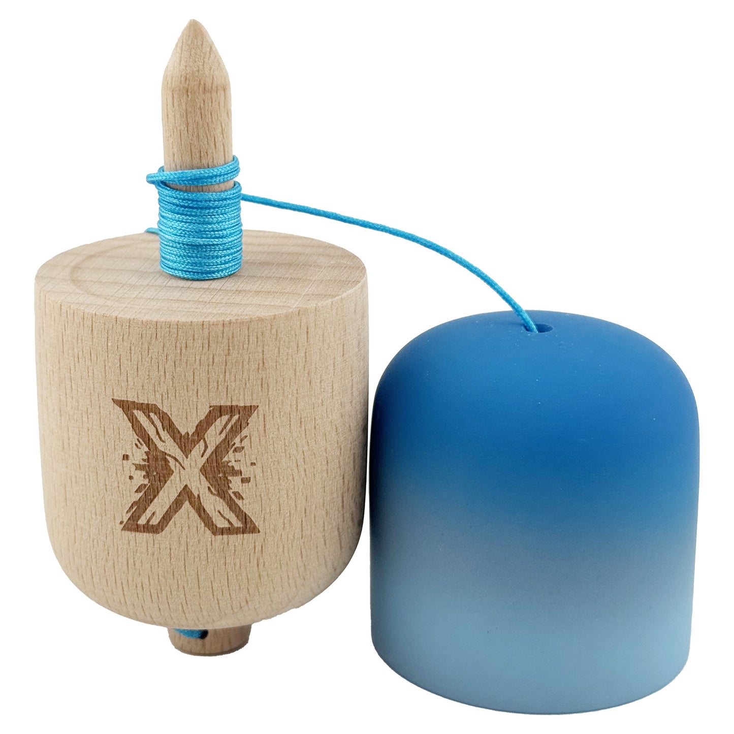 Kendama Pill X Profesionala, Joc de Indemanare Tip Pilula, Finisaj Rubber Grip, Lemn, 11 x 5 x 5 cm, Gradient Albastru/Albastru Deschis