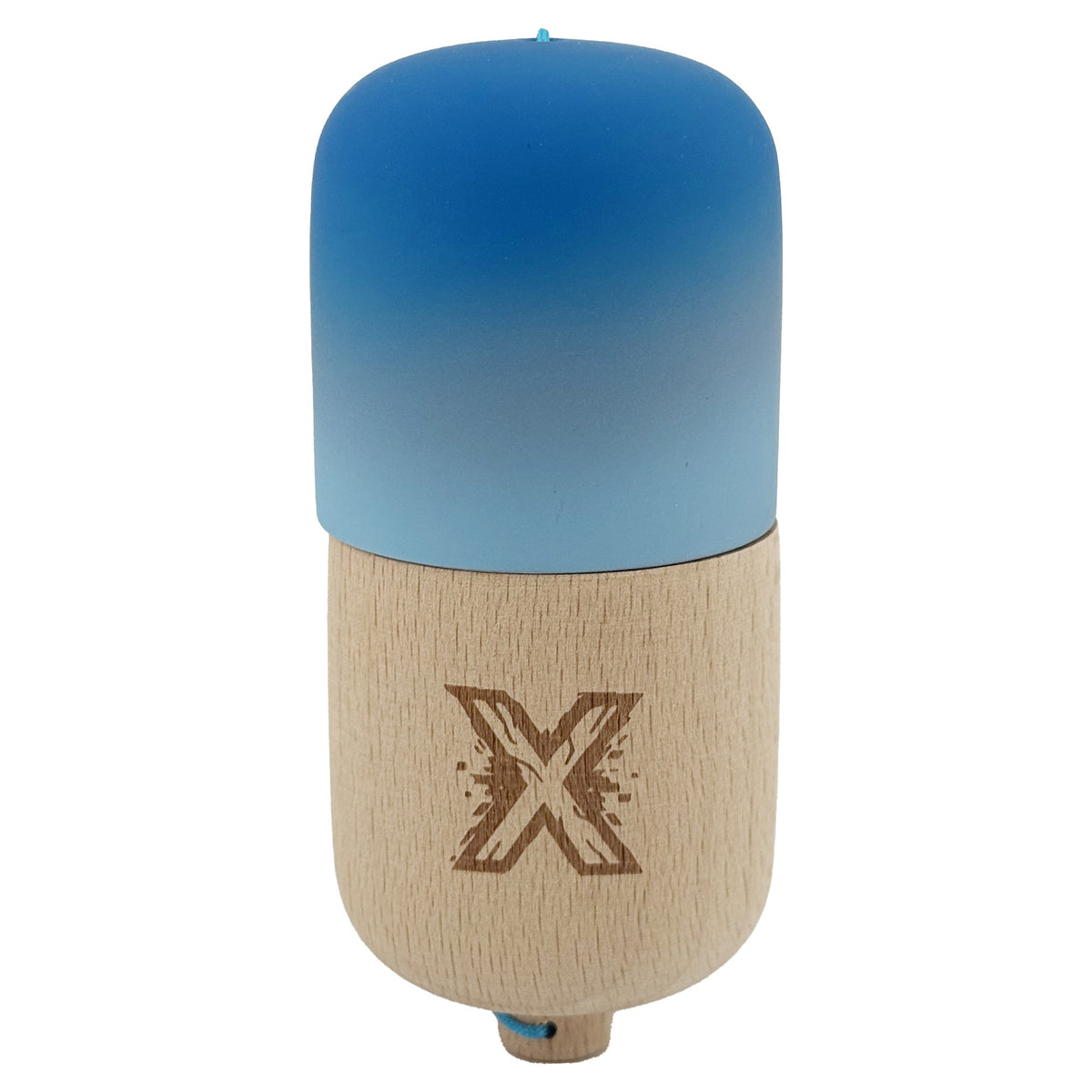 Kendama Pill X Profesionala, Joc de Indemanare Tip Pilula, Finisaj Rubber Grip, Lemn, 11 x 5 x 5 cm, Gradient Albastru/Albastru Deschis