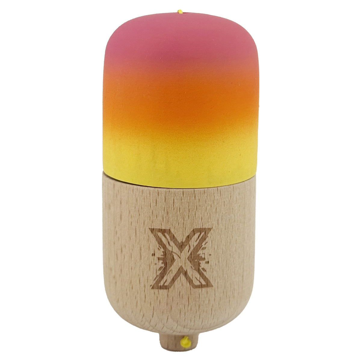 Kendama Pill X Profesionala, Joc de Indemanare Tip Pilula, Invelis Rubber Grip, Lemn, 11 x 5 x 5 cm, Gradient Roz/Portocaliu/Galben
