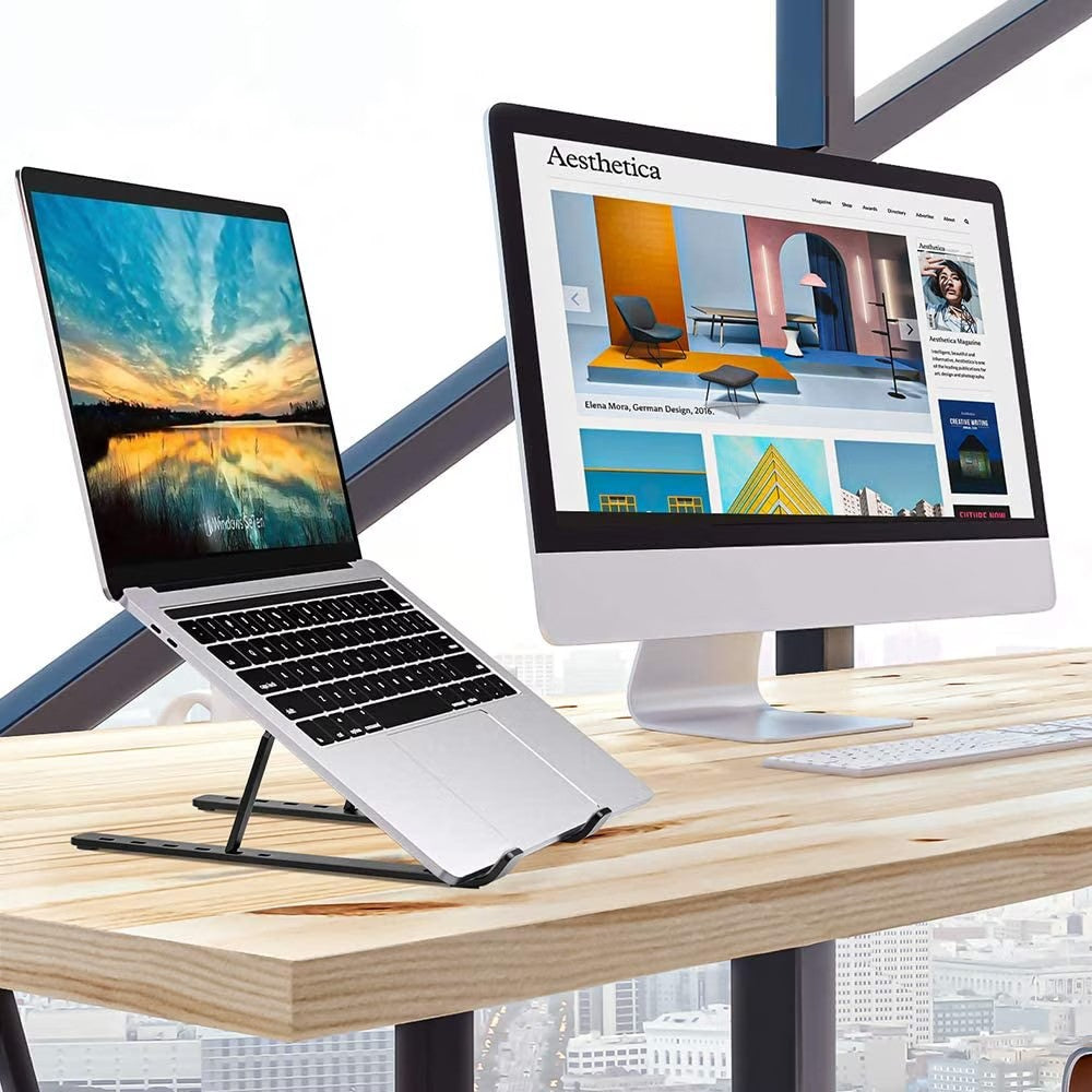 Suport Laptop si Tableta, Design Pliabil si Portabil, Inaltime Reglabila, Structura Suspendata pentru Ventilare, Aliaj si ABS, 26 x 19 x 16 cm, Negru