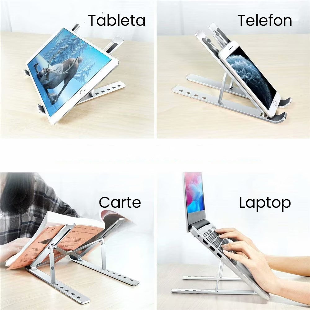 Suport Laptop si Tableta, Stativ Portabil Pliabil, Inaltime Reglabila 100-160 mm, Structura Suspendata pentru Ventilatie, Aliaj Metalic si ABS, 26 x 19 x 16 cm, Silver Gray