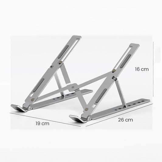 Suport Laptop si Tableta, Stativ Portabil Pliabil, Inaltime Reglabila 100-160 mm, Structura Suspendata pentru Ventilatie, Aliaj Metalic si ABS, 26 x 19 x 16 cm, Silver Gray