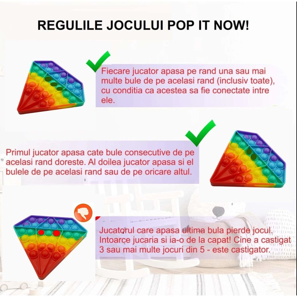 Jucarie Antistres Pop It Now and Flip It, Senzoriala si Educativa, Silicon Rezistent, Forma Diamant, Multicolor