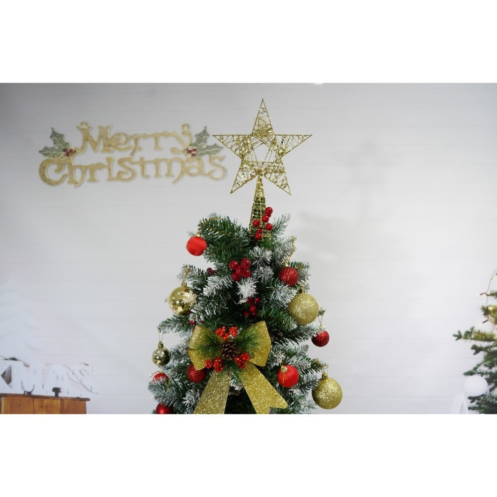 Brad Artificial De Craciun Nins, Decorat Cu Conuri De Pin Rosii, Structura Din PVC, 643 Ramuri, Inaltime 210 cm, Diametru 106 cm, Verde, Suport Metalic Inclus