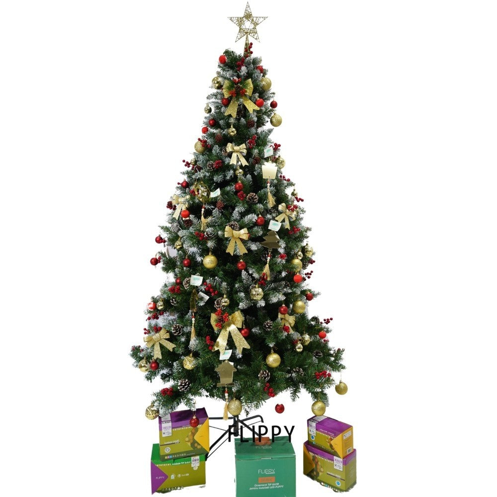 Brad Artificial De Craciun Nins, Decorat Cu Conuri De Pin Rosii, Structura Din PVC, 643 Ramuri, Inaltime 210 cm, Diametru 106 cm, Verde, Suport Metalic Inclus