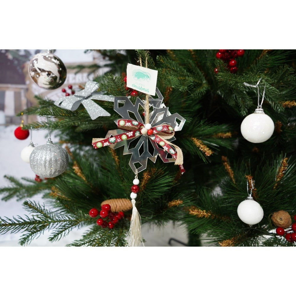 Brad Artificial de Crăciun Premium, Decorat cu Conuri de Pin Roșii, Aspect Natural, 767 Ramuri, Suport Metalic Inclus, Verde, Înălțime 210 cm, Diametru 142 cm