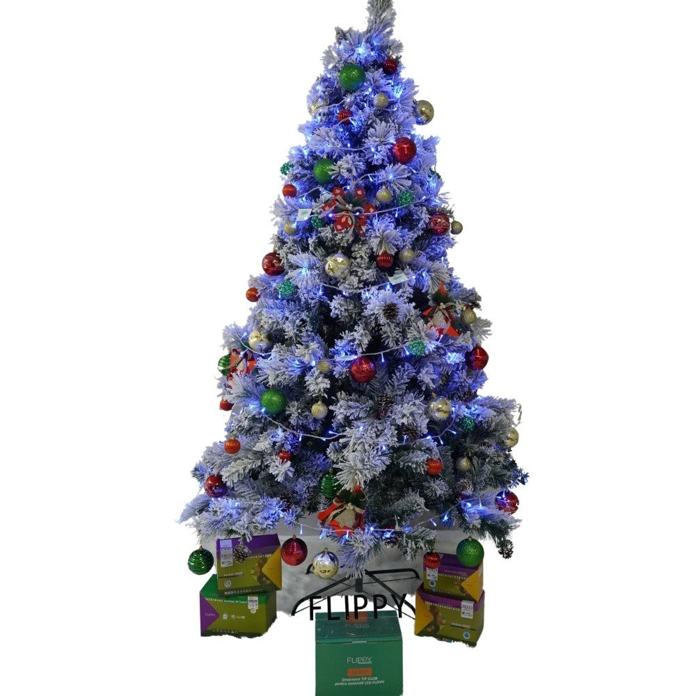 Brad Artificial De Crăciun Nins, Decorat Cu Conuri De Pin, Aspect Natural, Set Complet Cu Suport Metalic, Interior Și Exterior, 630 Ramuri, Înălțime 210 cm, Diametru 131 cm, Alb Și Verde