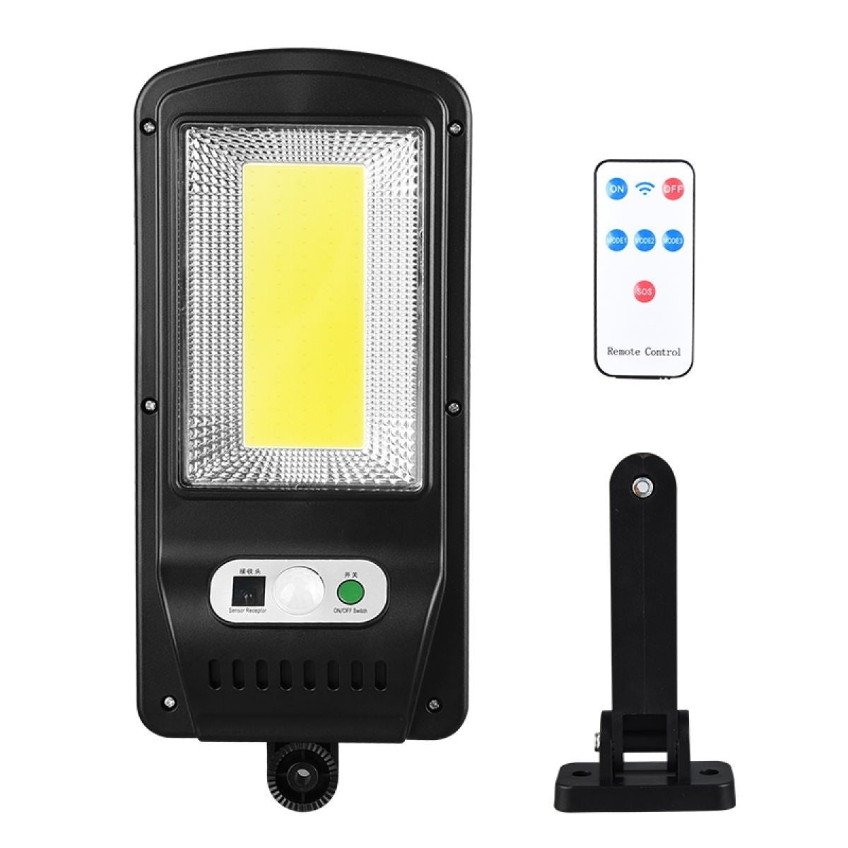 Lampa Solara De Exterior Cu Senzor De Miscare Si Lumina, Proiector LED COB 20W, Protectie IP65, 3 Moduri Iluminare, Telecomanda, ABS, 100 LED, Alb Rece