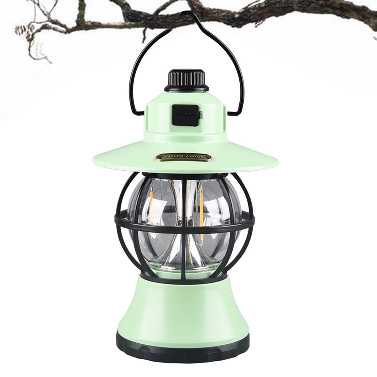 Lampă De Camping Retro, Felinar Vintage LED Cu Acumulator 1200 mAh, Reîncărcabilă USB, 3 Moduri Lumină, Intensitate Reglabilă, Rezistentă La Apă, ABS Și Metal, Verde Mint