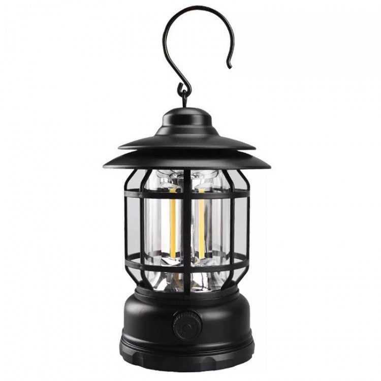Lampa Portabila Camping, Felinar Vintage cu Carlig, Iluminare 360 Grade, 21 COB LED, Intensitate Reglabila, ABS, 5W, Negru