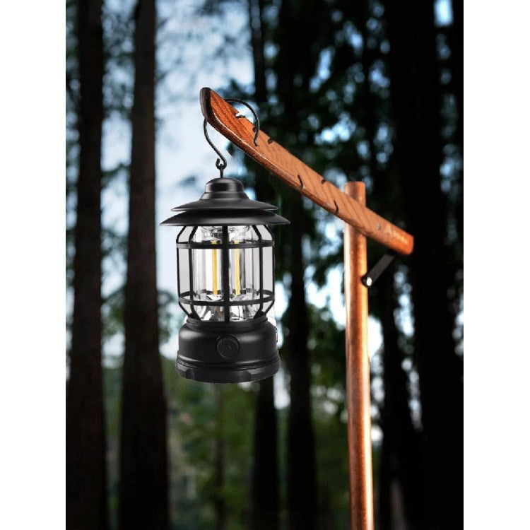 Lampa Portabila Camping, Felinar Vintage cu Carlig, Iluminare 360 Grade, 21 COB LED, Intensitate Reglabila, ABS, 5W, Negru