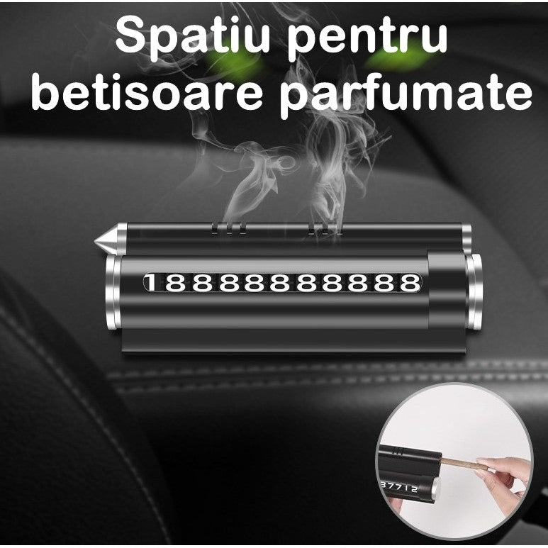 Suport Numar Telefon Auto Pentru Parcare Temporara, Odorizant Si Ciocan Urgenta Spargere Geam, Functie Suport Telefon Bord, Plastic ABS Rezistent, Negru