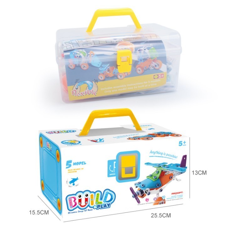 Set de Constructie Masini si Vehicule, Joc Educativ STEM de Inginerie DIY, Model 5 in 1 cu Elicopter si Avion, Material Plastic Rezistent, 132 Piese