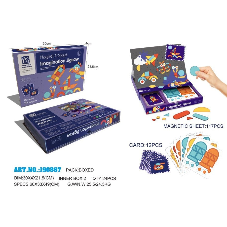Carte Magnetica Educativa, Puzzle Creativ 2 In 1, Joc Logica Si Forme Geometrice, Cu Placa Magnetica Si Carduri De Memorie, 129 Piese, Multicolor