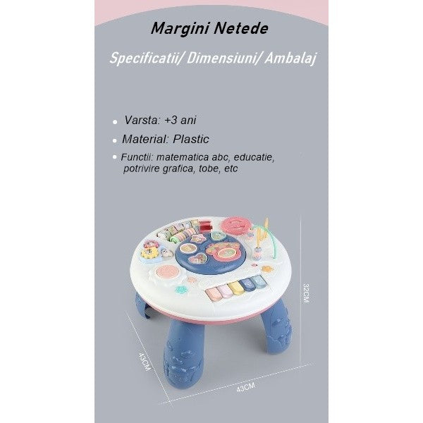 Masa Educativa 2 in 1 pentru Copii, Centru de Activitati cu Volan, Pian si Tobe, Panou Detasabil, Plastic, Multicolor