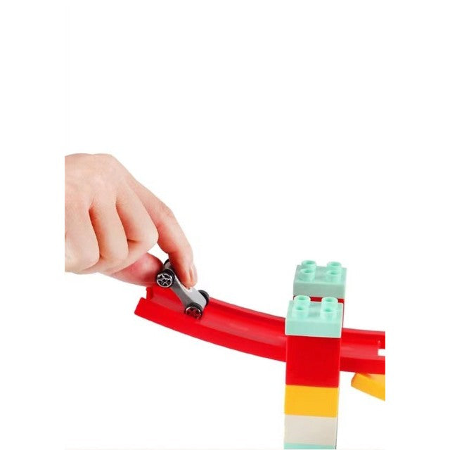 Set Constructie Rampa Auto Etajata, Jucarie Educativa Interactiva, Plastic Rezistent, 30 Piese, Include 4 Masinute si 4 Rampe, Multicolor