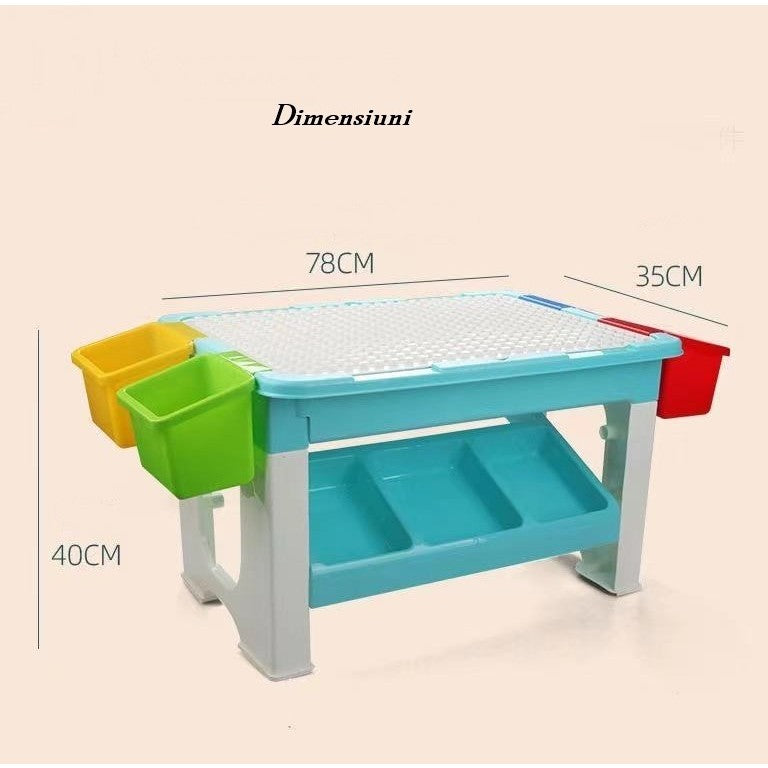 Masa de Joaca Multifunctionala pentru Copii, Centru de Activitati si Masa de Scris, cu Spatii de Depozitare Laterale, Plastic Non-Toxic, Include 69 Piese de Constructie, Multicolor