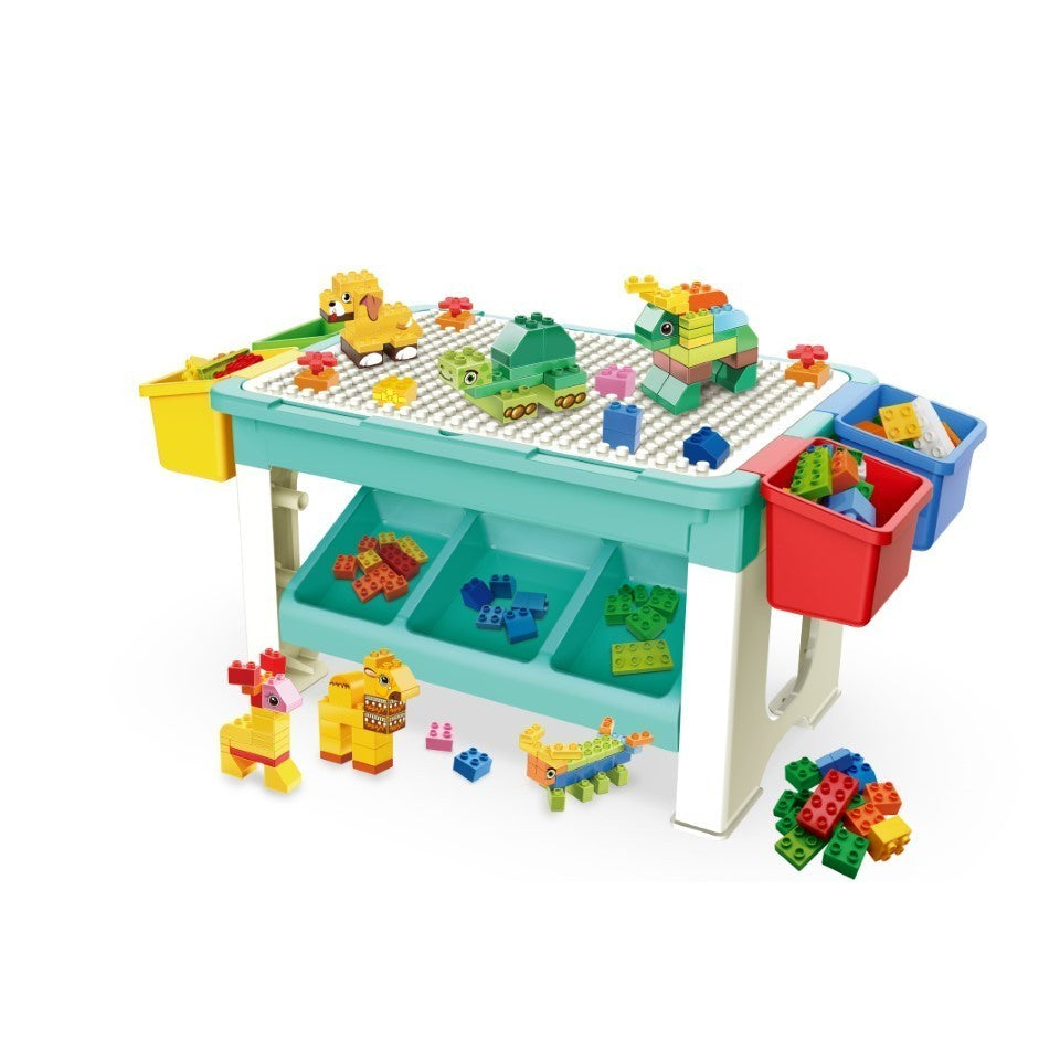 Masa de Joaca Multifunctionala pentru Copii, Centru de Activitati si Masa de Scris, cu Spatii de Depozitare Laterale, Plastic Non-Toxic, Include 69 Piese de Constructie, Multicolor