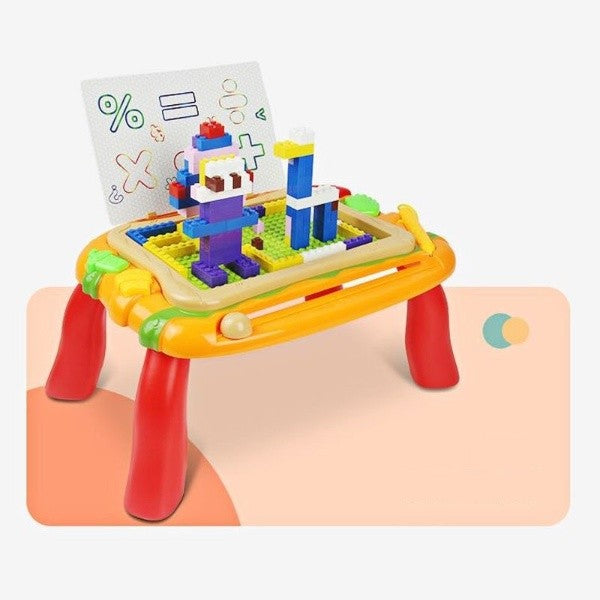 Masuta Educativa 2 in 1 pentru Desenat si Construit, Tabla Magnetica si Suprafata pentru Blocuri, Include 150 Piese de Constructie, Plastic Non-Toxic, Multicolor