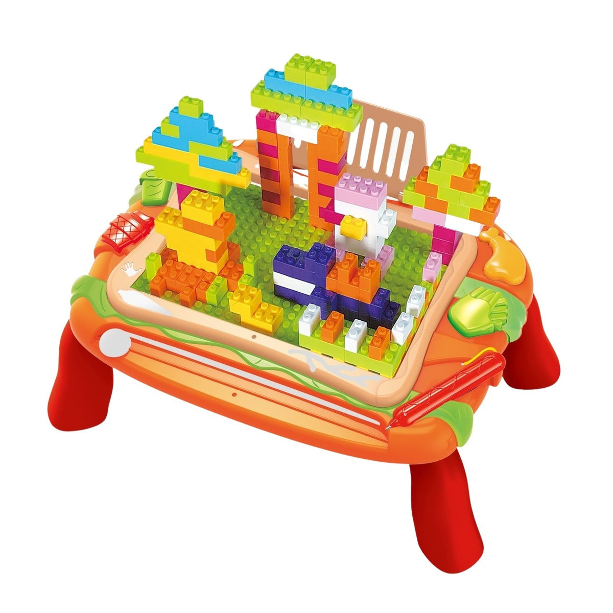 Masuta Educativa 2 in 1 pentru Desenat si Construit, Tabla Magnetica si Suprafata pentru Blocuri, Include 150 Piese de Constructie, Plastic Non-Toxic, Multicolor