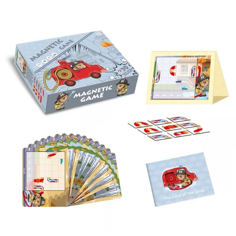 Joc Educativ Magnetic de Interconectare Micul Pompier, Puzzle Logica cu 15 Nivele de Dificultate, 9 Carti cu Provocari, Plastic si Magnet, Multicolor, +3 Ani