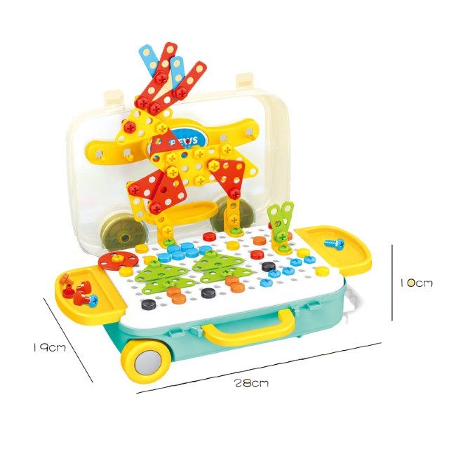 Jucarie Educativa STEM, Set Constructie Puzzle 3D cu Bormasina Electrica si Mozaic, Tip Valiza pe Roti 6 in 1, Plastic ABS, 258 Piese, Multicolor