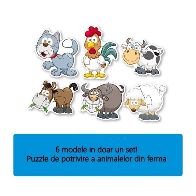 Set Puzzle Educativ pentru Copii, 6 Modele Animale de la Ferma, Dezvoltare Coordonare Mana-Ochi si Logica, Lemn, Multicolor, Set 6 Piese
