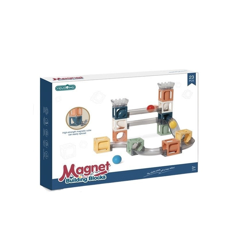 Set Constructie Magnetica Tip Pista cu Tobogane si Bile, Joc Educativ STEM 3D, Dezvoltare Abilitati Motorii, Plastic ABS, 23 Piese, Multicolor