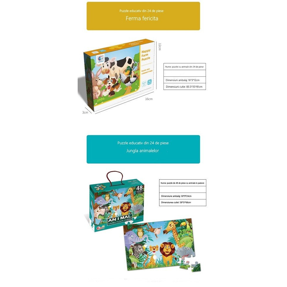 Puzzle Educativ pentru Copii, Set 2 Puzzle-uri Animale Ferma si Padure, Dezvoltare Coordonare si Logica, Carton, 48 Piese (2 x 24 Piese), Multicolor