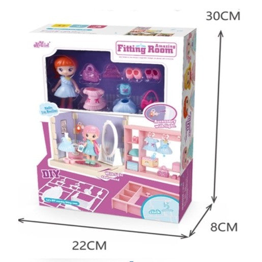 Bella Set Garderoba Papusi cu Haine si Accesorii, Casuta de Joaca cu Oglinda si Mobilier, Plastic si Cauciuc Moale, 15 Piese, Multicolor