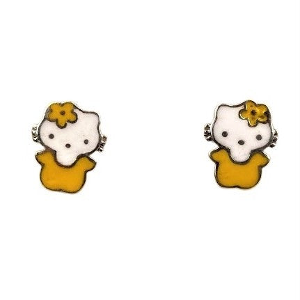 Cercei pentru Copii din Argint 925, Model Pisicuță Hello Kitty, Email Galben, Protecție Rodiu, Închidere Sigură, Cutie Cadou Inclusă
