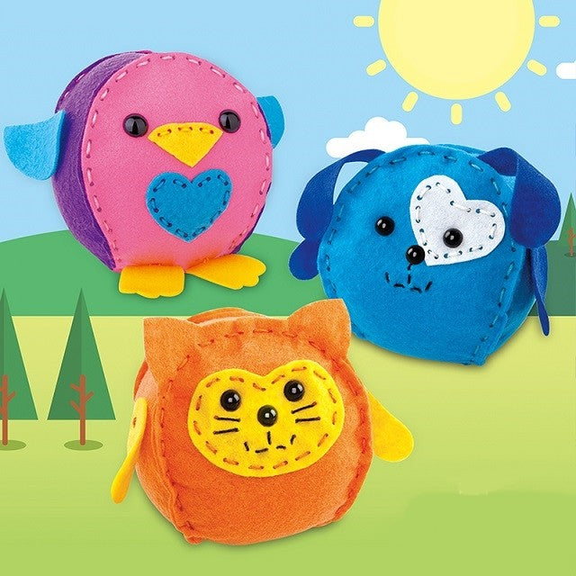 Dream Kids, Set Creativ de Cusut Perna pentru Copii, Joc Educativ de Tip DIY, Material Textil Moale, Design Animale Pasare Catel Pisica, Set 3 Piese, Varsta +5 Ani