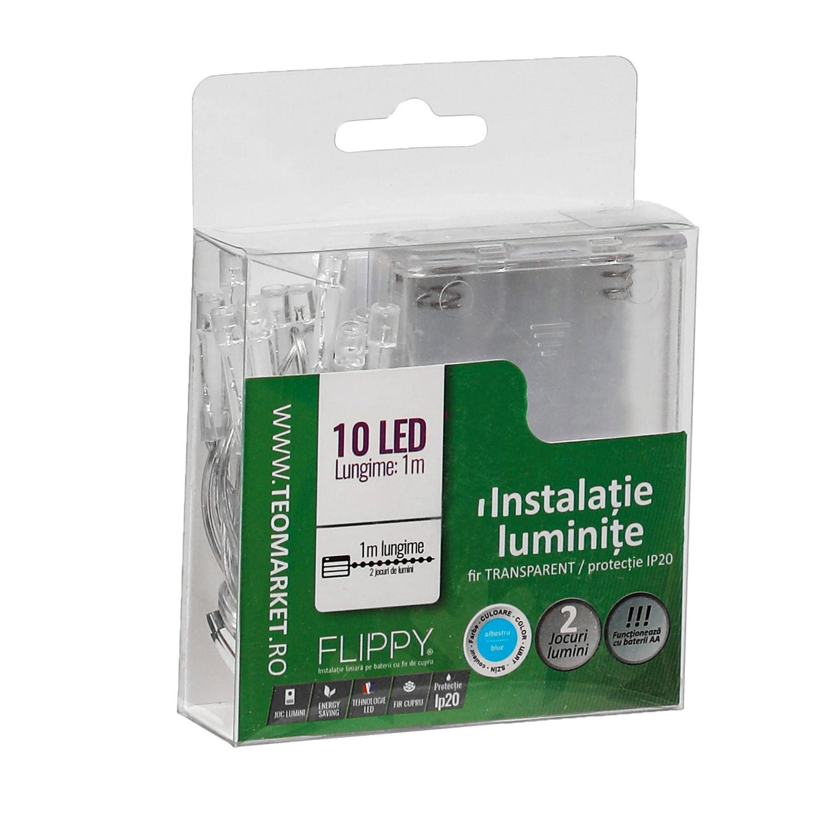 Instalatie de Craciun Tip Liniar cu Baterii, 2 Jocuri de Lumini, Fir Transparent, 10 LED-uri, 1 m, Albastru