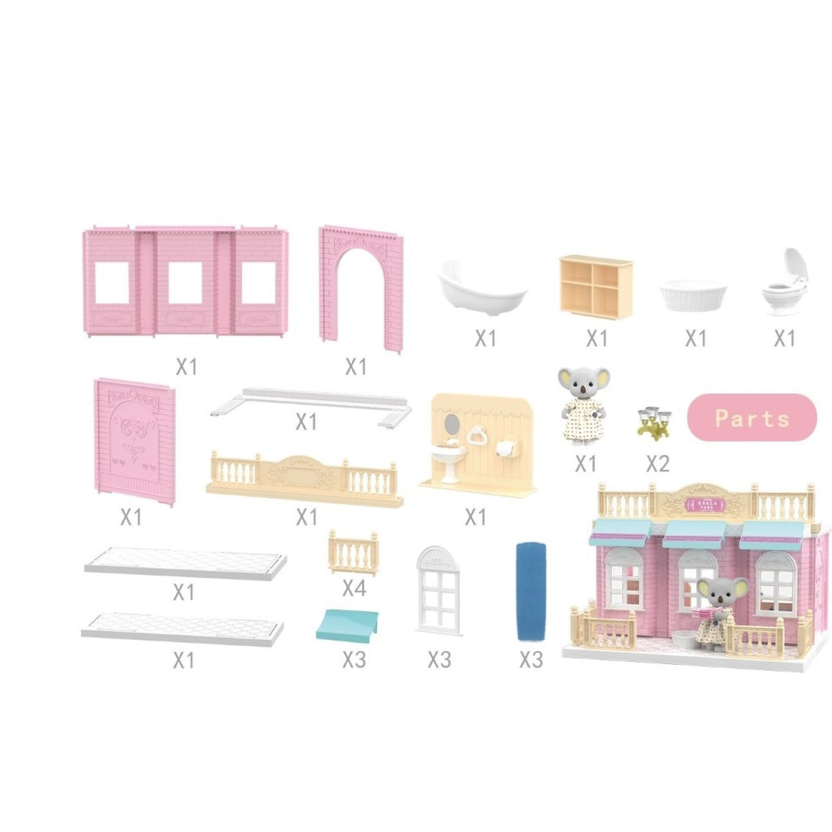 Set Mobilier Baie Pentru Papusi, Set de Constructie Educativ cu Figurina Inclusa si Accesorii, Material Plastic, Multicolor, 1 Bucata