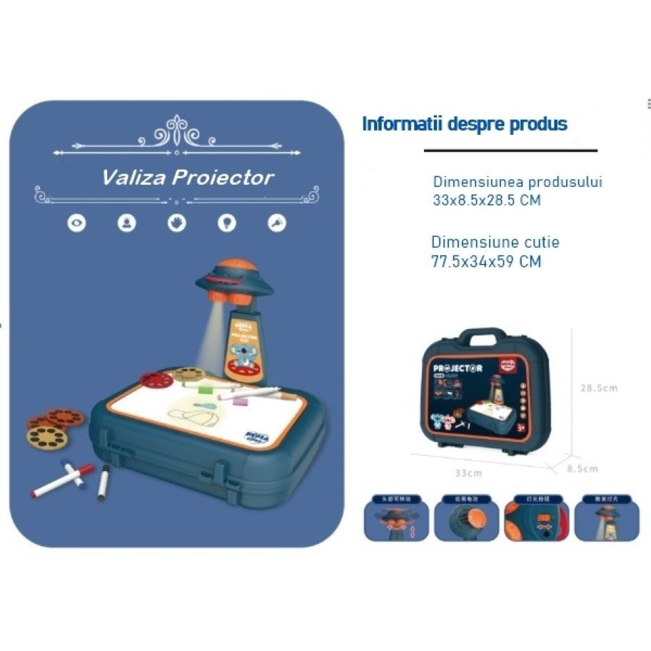 Proiector Educational cu Masuta pentru Desen, Set Creativ cu 48 de Imagini si 6 Discuri de Proiectare, Include Creioane Colorate si Cutie Depozitare, Plastic, +3 Ani, Albastru