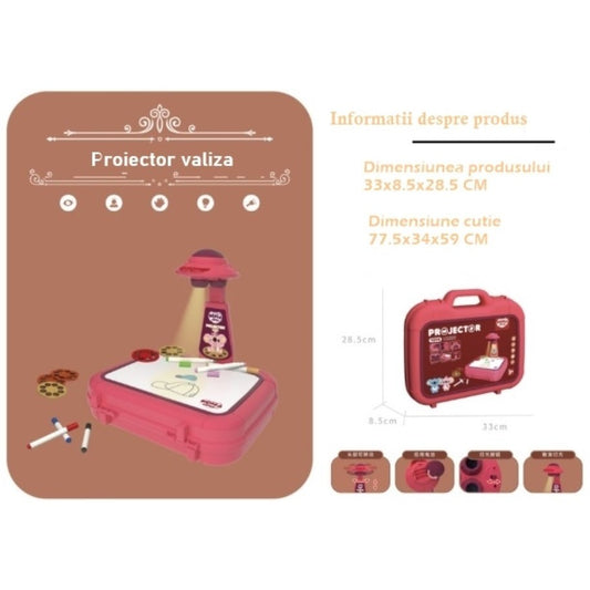 Masa de Desen cu Proiector Educational pentru Copii, Set Creativ cu 48 de Imagini si 6 Discuri, Include Creioane Colorate si Cutie Depozitare, Plastic, Varsta +3 Ani, Rosu