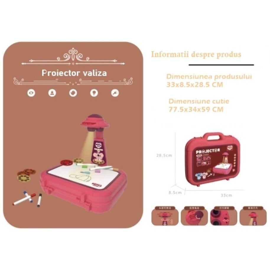Masa de Desen cu Proiector Educational pentru Copii, Set Creativ cu 48 de Imagini si 6 Discuri, Include Creioane Colorate si Cutie Depozitare, Plastic, Varsta +3 Ani, Rosu