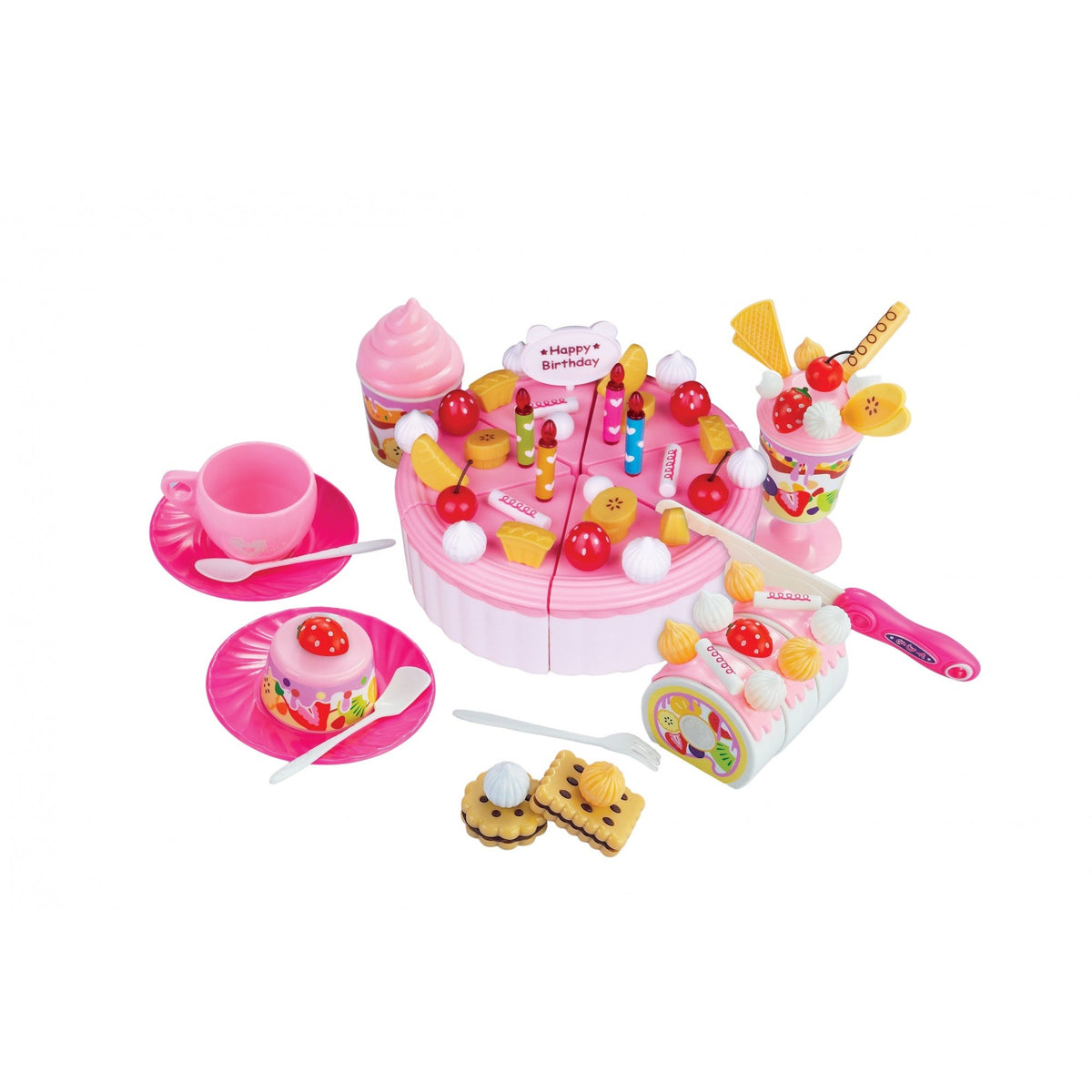 Set de Joaca Tort Aniversar si Prajituri, Kit Complet de Cofetarie cu Lumanari si Fructe, Plastic ABS, 75 Piese, Multicolor