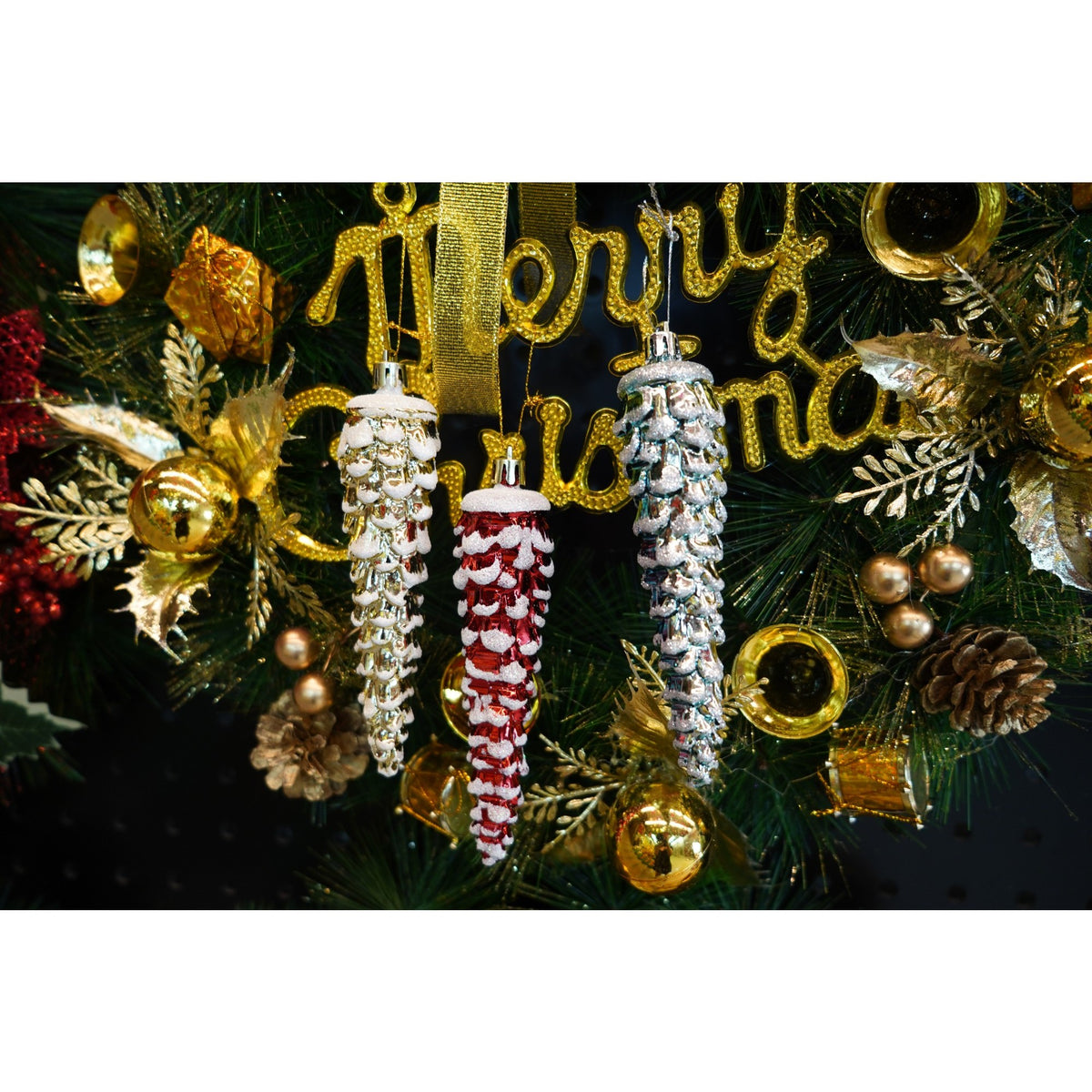 Set 6 Ornamente pentru Brad, Model Conuri, Plastic cu Finisaj Sclipitor, Multicolor, 3 cm, Cutie Cadou 15 cm