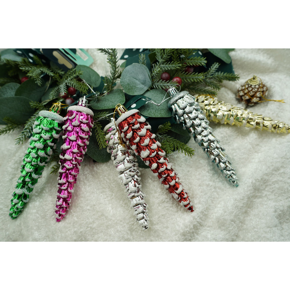 Set 6 Ornamente pentru Brad, Model Conuri, Plastic cu Finisaj Sclipitor, Multicolor, 3 cm, Cutie Cadou 15 cm
