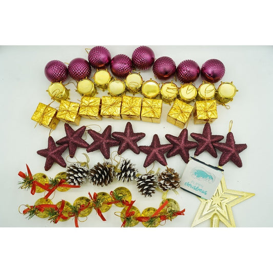 Set 50 Ornamente de Brad Tip Glob, Decoratiuni de Craciun cu Finisaj Sclipitor, Plastic Rezistent, Rosu si Auriu, Cutie Depozitare 18x12x18 cm