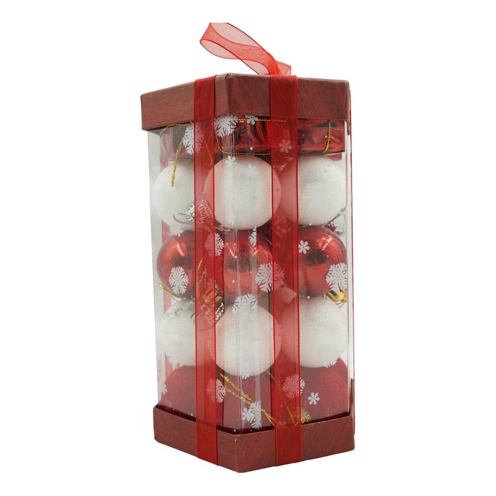Set 35 Ornamente de Brad Tip Glob, Decoratiuni Craciun cu Sclipici, Polistiren, Alb si Rosu, Cutie 11x19x11 cm