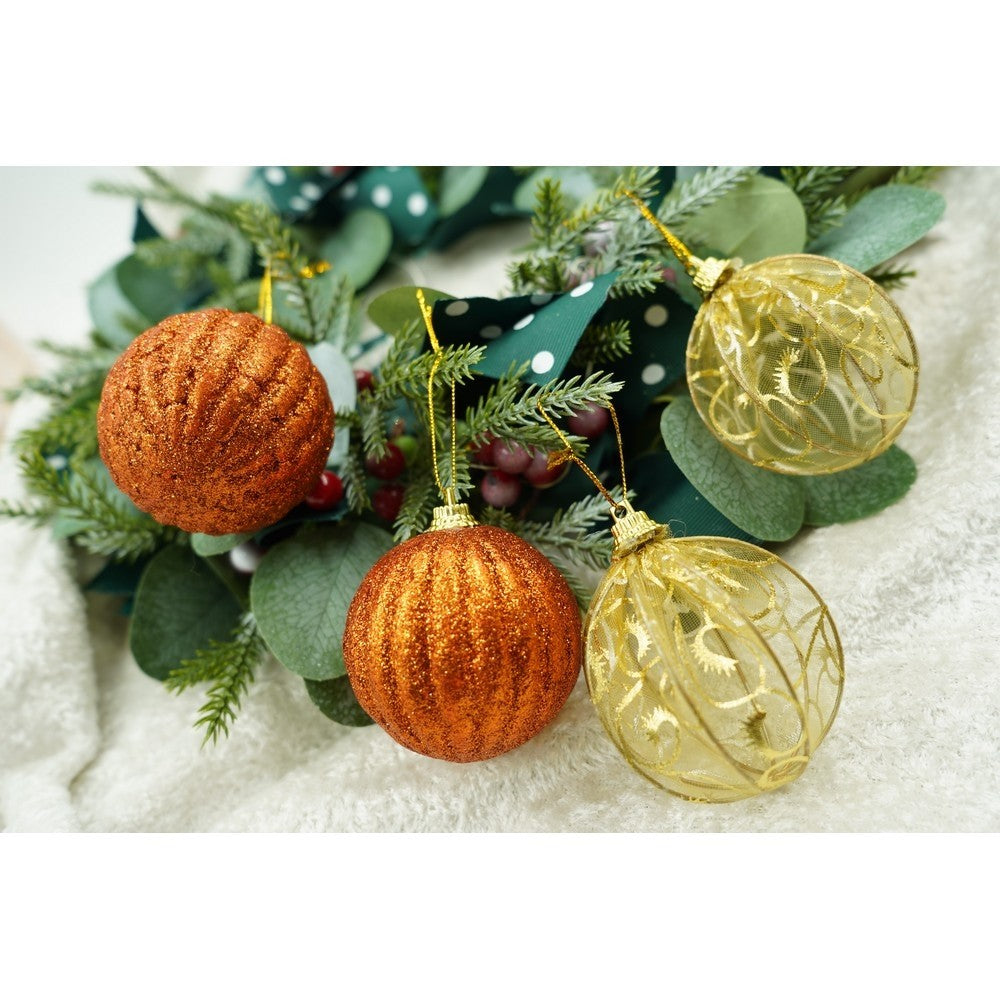 Set 12 Globuri Pentru Brad De Craciun, Ornamente Cu Finisaj Sclipitor, Polistiren Rezistent, Cupru Si Auriu, Diametru 6 cm